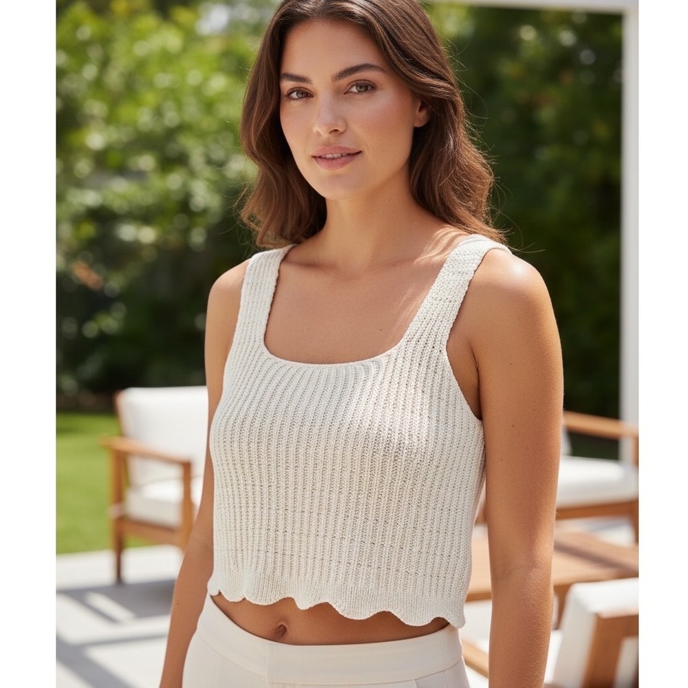 Bohme Ivory Knit Crop Tank Top Scalloped Hem Cottagecore Feminine Beach Festival
